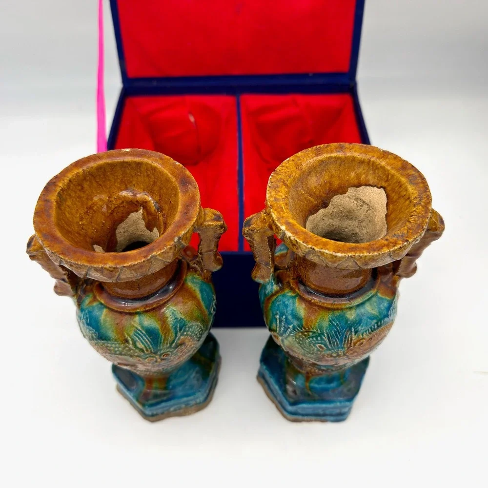 Ming Style Dragon Vases Pair Sancai Glazed Ceramic Antique Hartman Estate